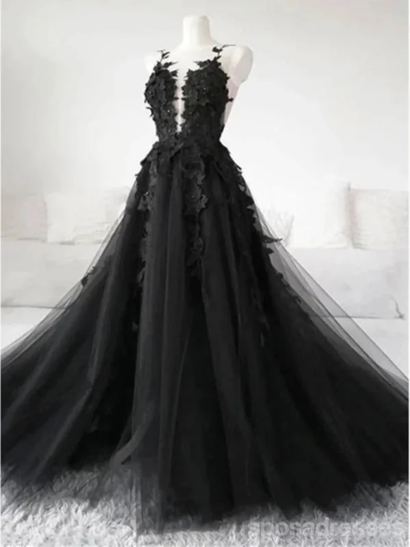 Evening dress with sheer sleeves-Black A-line Spaghetti Straps V-neck Long Prom Dresses Online,12732