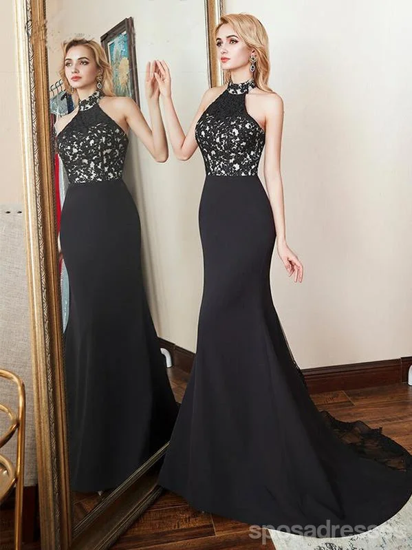 Evening dress with off-shoulder-Black Mermaid Halter Sleeveless Long Prom Dresses Online, Dance Dresses,12572