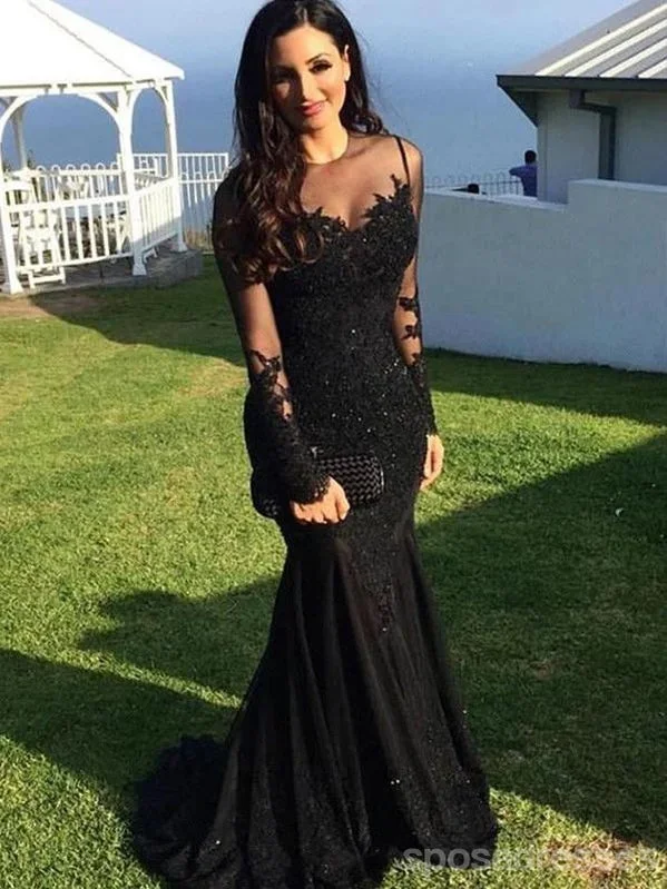 Evening dress with embroidery-Black Mermaid Long Sleeves Jewel Party Prom Dresses, Prom Dresses With Sleeves,12536