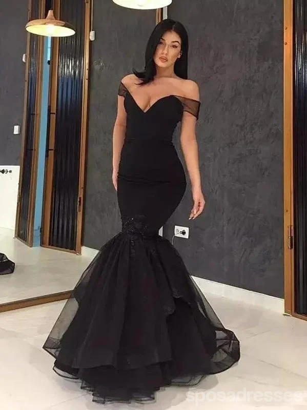 Evening dress with embroidered flowers-Black Mermaid Off Shoulder V-neck Party Prom Dresses, Cheap Prom Dresses 2021,12537