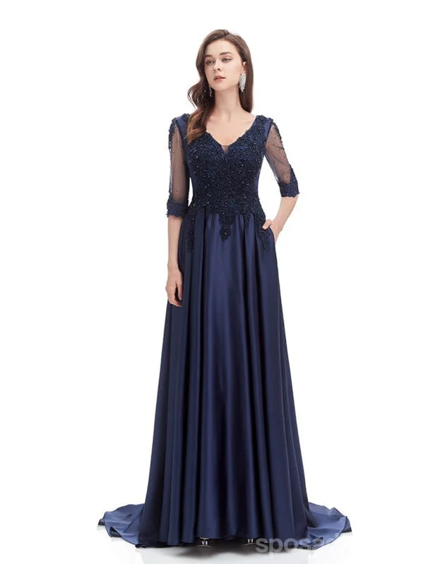 Silver evening dress-Blue A-line Half Sleeves V-neck Long Prom Dresses Online,Evening Party Dresses,12776