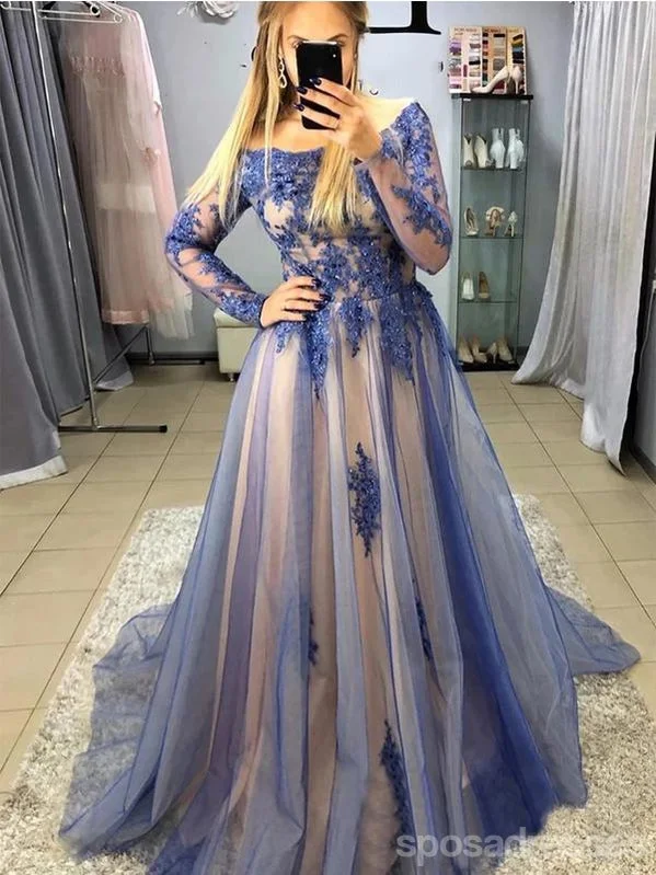 Evening dress with open back-Blue A-line Jewel Long Sleeves Prom Dresses Online, Evening Party Dresses,12744