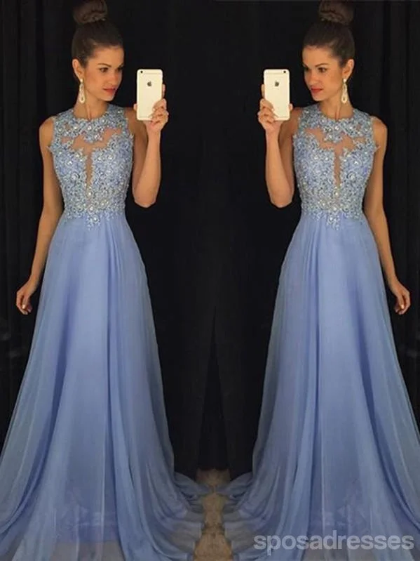 Evening dress with tiered layers-Blue A-line Jewel Sleeveless Long Prom Dresses Online,Dance Dresses,12600