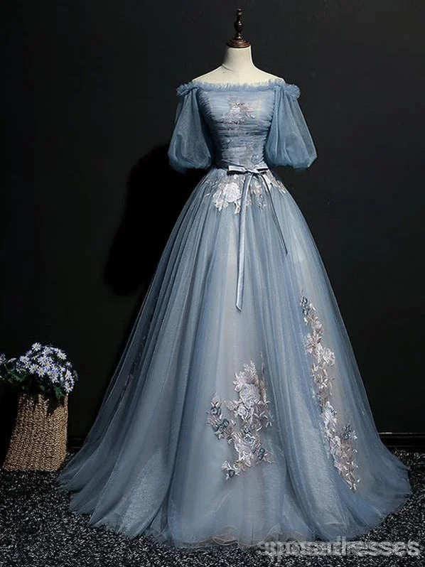 Classic evening dress-Blue A-line Off Shoulder Half Sleeves Long Party Prom Dresses, Dance Dresses,12550