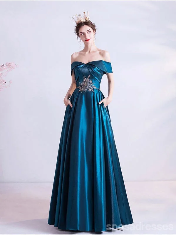 Evening dress with illusion skirt-Blue A-line Off Shoulder Long Prom Dresses Online, Evening Party Dresses,12752