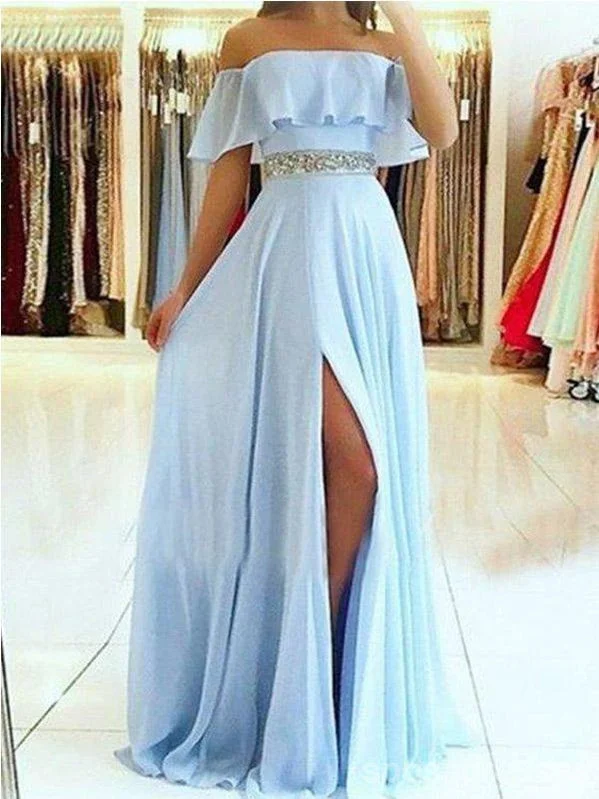 Metallic evening dress-Blue A-line Off Shoulder Side Slit Cheap Long Prom Dresses Online,12649