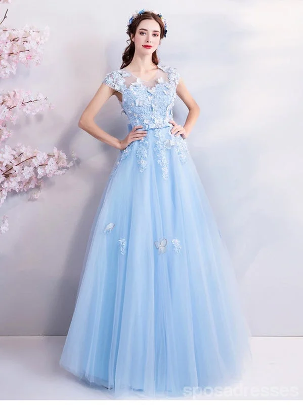 Evening dress with embellishments-Blue A-line Short Sleeves Jewel Long Prom Dresses Online, Dance Dresses,12798