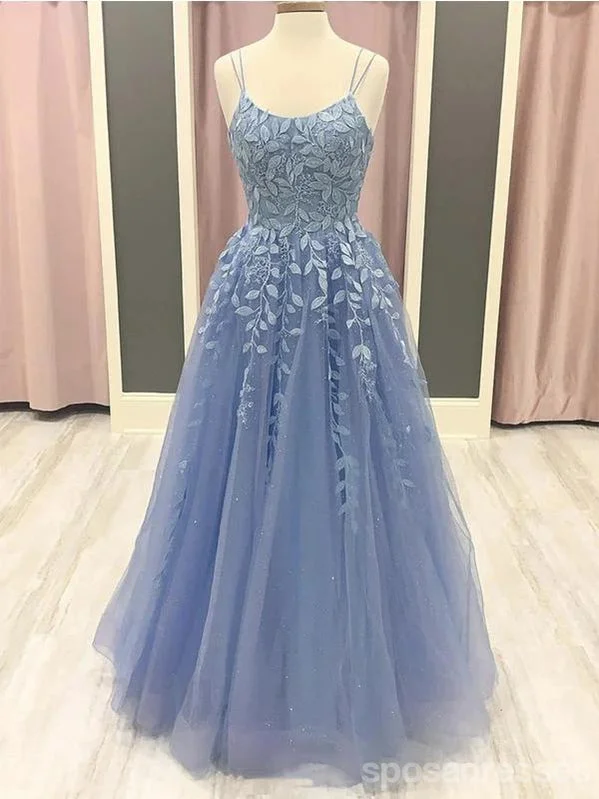 Evening dress with pleated skirt-Blue A-line Spaghetti Straps Long Prom Dresses Online, Dance Dresses,12743