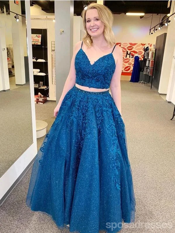 Evening dress with off-shoulder-Blue A-line Spaghetti Straps V-neck Two Pieces Long Prom Dresses Online,12746