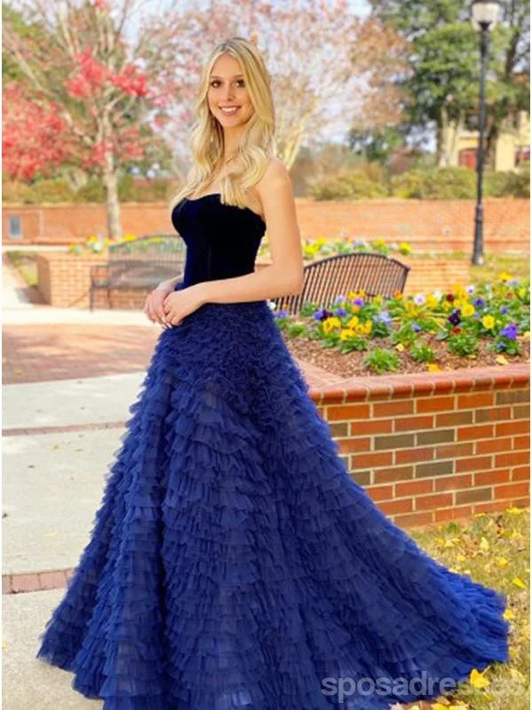 Evening dress with statement sleeves-Blue A-line Sweetheart Sleeveless Long Party Prom Dresses Online, Dance Dresses,12565