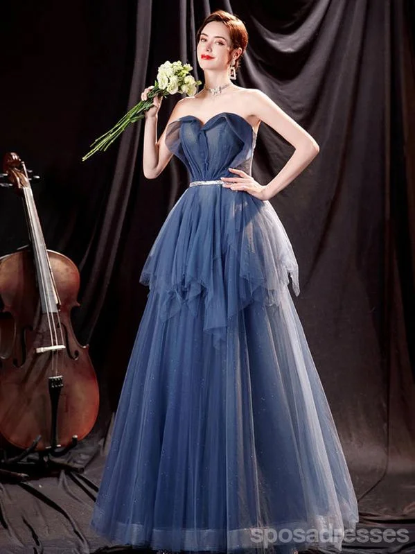 Evening dress with double straps-Blue A-line Sweetheart Sleeveless Party Prom Dresses, Cheap Dance Dresses,12540