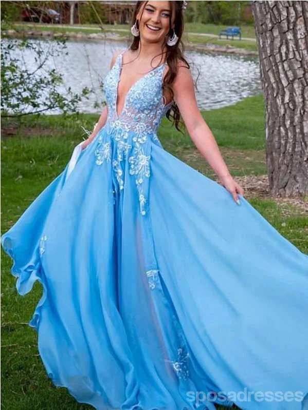 Ivory evening dress-Blue A-line V-neck See Through Long Prom Dresses Online, Dance Dresses,12721