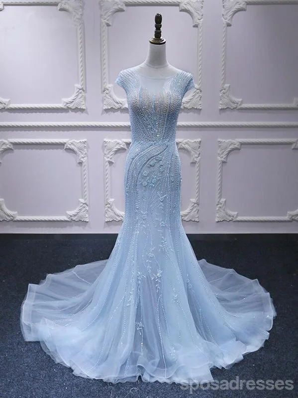 Formal evening dress-Blue Mermaid Cap Sleeves Beading Long Lace Applique Party Prom Dresses Online,12559