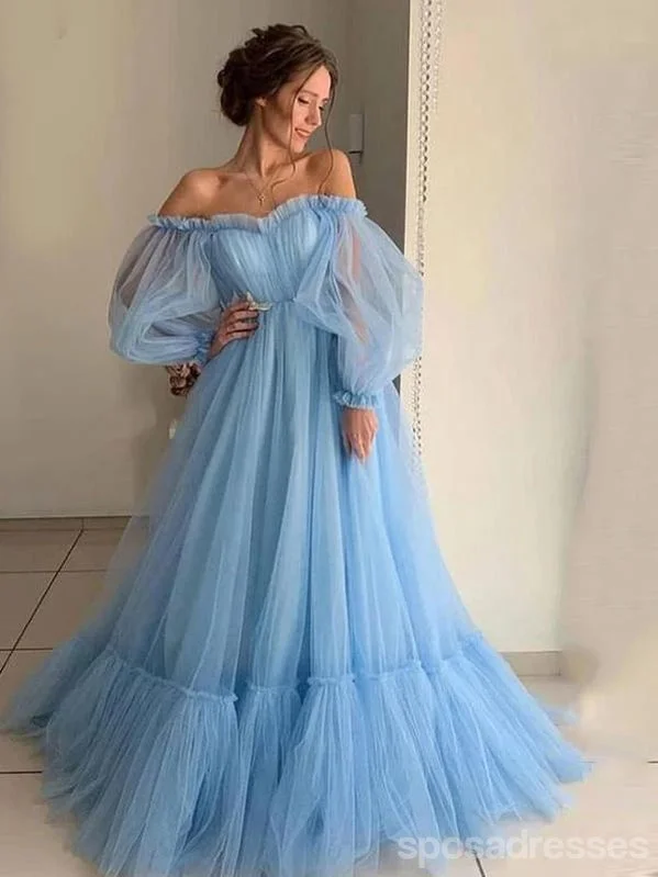 Evening dress with metallic thread-Blue Off The Shoulder Long Sleeves A-line Long Evening Party Prom Dresses, Prom Dresses Stores,12525