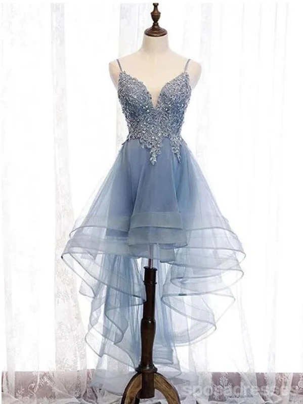 Evening dress with pleated skirt-Blue Spaghetti Straps Short Homecoming Dresses Online, Cheap Short Prom Dresses, CM856