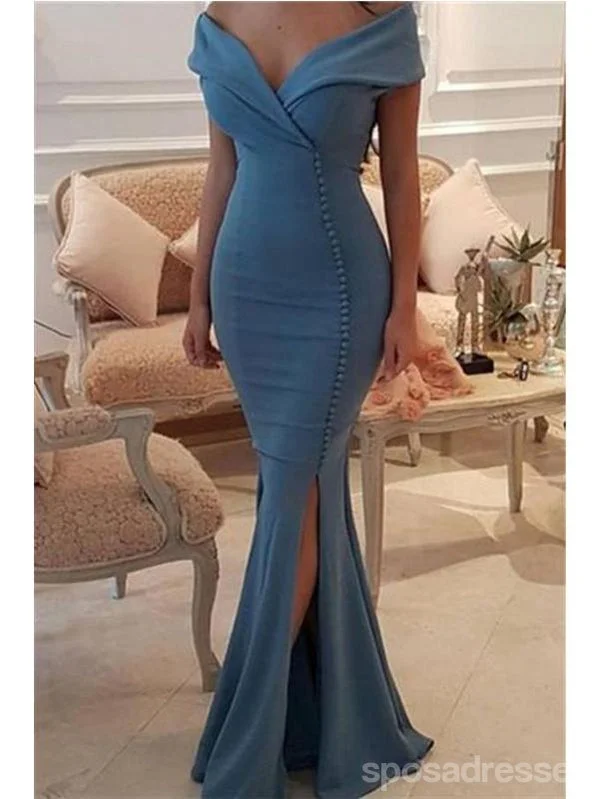 Long evening dress-Blue Mermaid Off Shoulder V-neck Side Slit Long Prom Dresses Online,12650