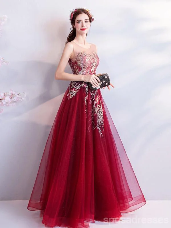 Red evening dress-Burgundy A-line Jewel Sleeveless Long Prom Dresses Online, Evening Dresses,12648