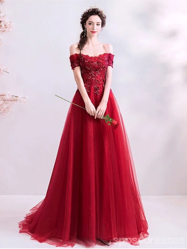 Evening dress with lace applique-Burgundy A-line Off Shoulder Long Prom Dresses Online, Dance Dresses,12751