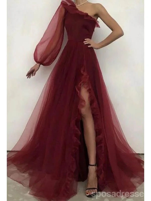 Evening dress for winter-Burgundy A-line One Shoulder High Slit Long Sleeves Prom Dresses Online,12700