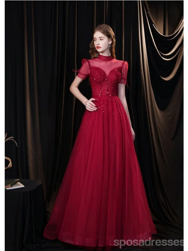 Evening dress with asymmetrical hem-Burgundy A-line Short Sleeves Openback Long Prom Dresses Online,12767