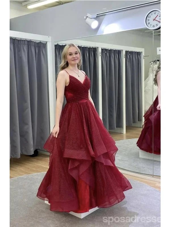 Evening dress with off-shoulder neckline-Burgundy A-line Spaghetti Straps V-neck Long Prom Dresses Online,12745