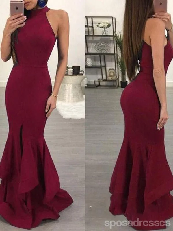 Ivory evening dress-Burgundy Mermaid Halter Sleeveless Cheap Long Prom Dresses Online,12651