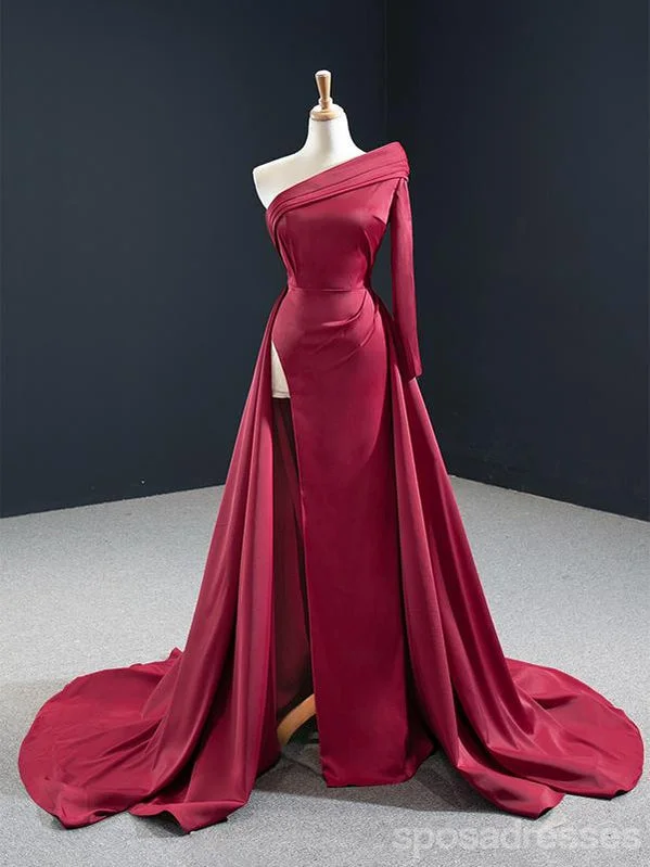 Plus size evening dress-Burgundy Mermaid Long Sleeves One Shoulder High Slit Prom Dresses Online,Dance Dresses,12590