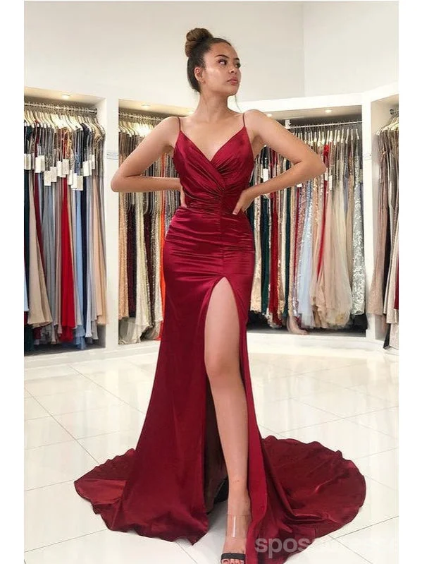 Evening dress with flared skirt-Burgundy Mermaid Spaghetti Straps High Slit Cheap Long Prom Dresses,12840