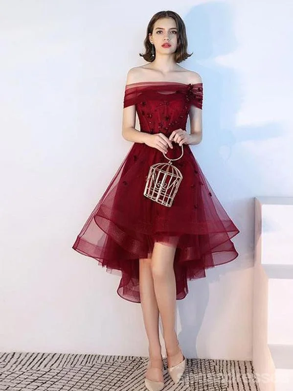 Evening dress with velvet-Burgundy Off Shoulder Short Homecoming Dresses Online, Cheap Short Prom Dresses, CM847