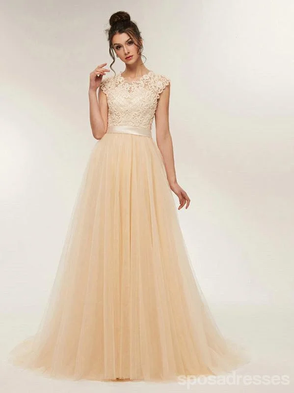 Evening dress with bow belt-Champagne A-Line Jewel Sleeveless Long Prom Dresses Online,Dance Dresses,12633