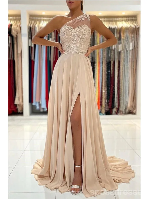 Evening dress with full skirt-Champagne A-line One Shoulder High Slit Long Prom Dresses Online,12838