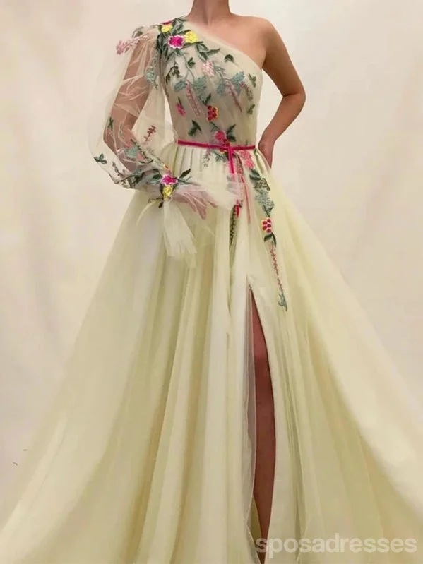 Evening dress with bow-Unique A-line One Shoulder Long Sleeves Cheap Prom Dresses Online,12802