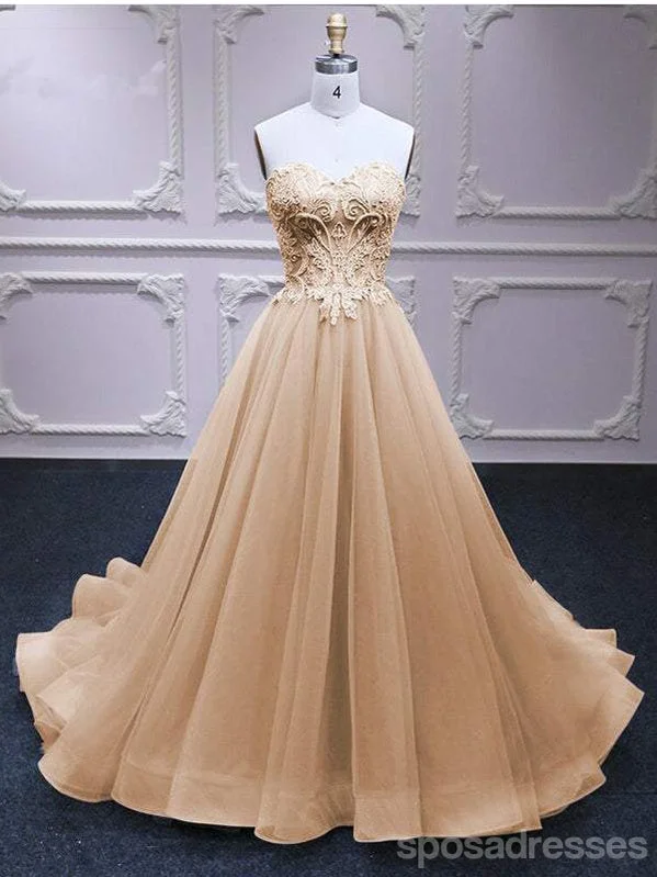 Evening dress with keyhole back-Champagne A-line Sweetheart Cheap Long Prom Dresses Online,12836