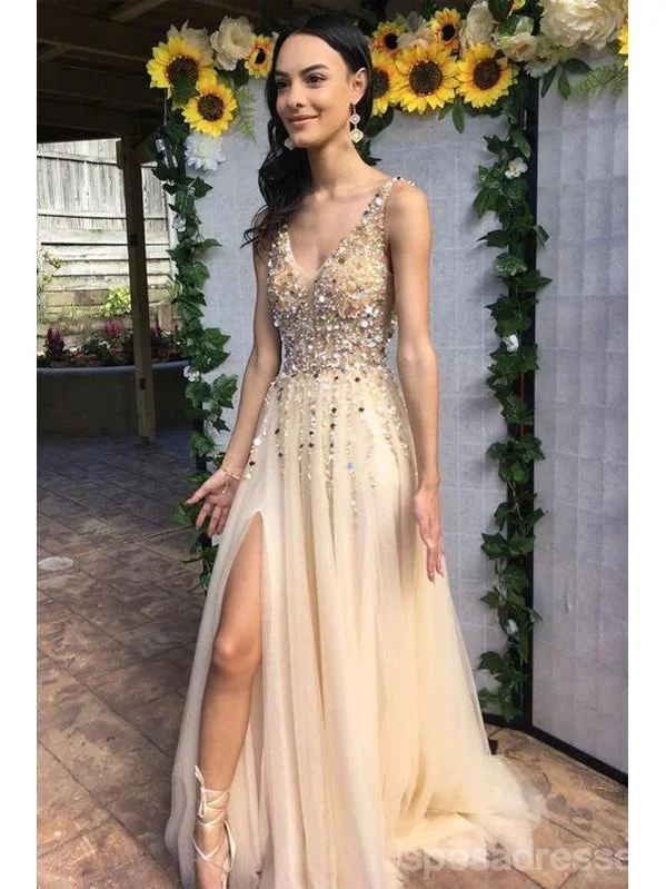 Evening dress with taffeta-Champagne A-line V-neck High Slit Long Prom Dresses Online, Dance Dresses,12660