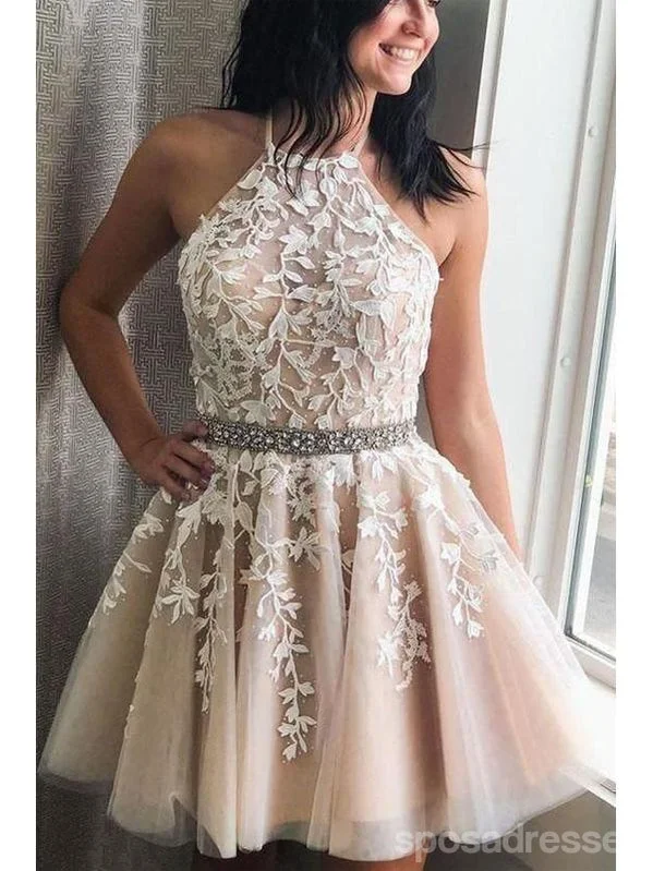 Evening dress with ruching-Champagne Halter Short Homecoming Dresses Online, Cheap Short Prom Dresses, CM855