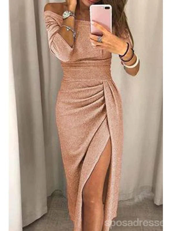 Evening dress with tiered layers-Champagne Mermaid Off Shoulder Long Sleeves High Slit Prom Dresses Online,12659