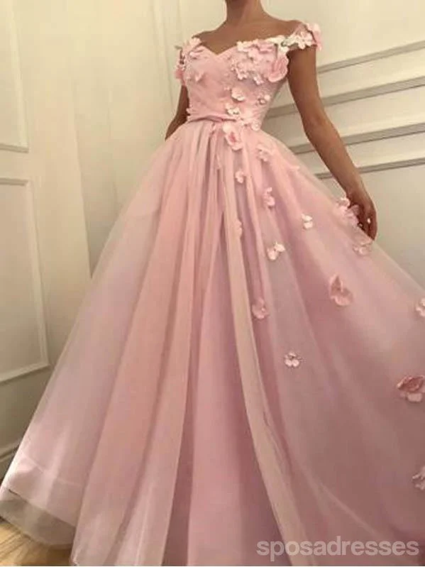 Evening dress with fishtail-Cute Floral Pink A-line Off Shoulder Cheap Long Prom Dresses Online,12683