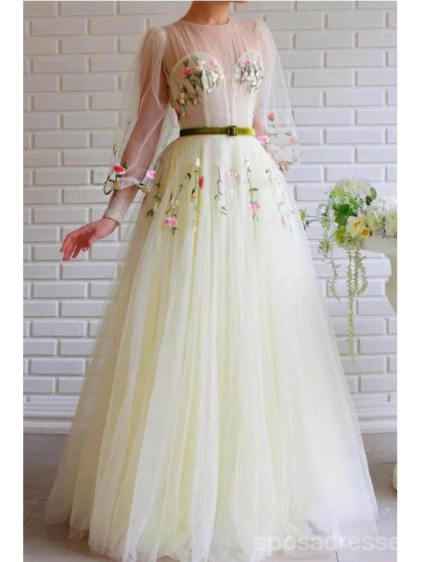 Elegant evening dress-Cute Yellow A-line Long Sleeves V-neck Cheap Prom Dresses Online,12707