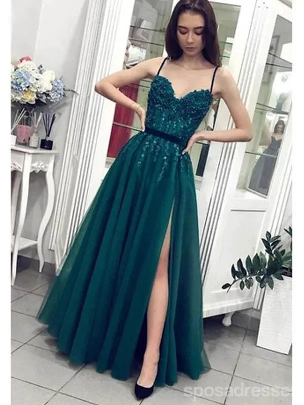 Evening dress with appliqué-Dark Green A-line Spaghetti Straps High Slit Long Prom Dresses Online,12699