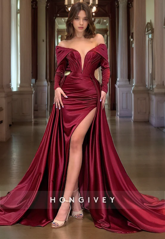 Evening dress with backless design-Couture Plunging Illusion Sleeves With Train And Slit Formal Party Prom Evening Dress