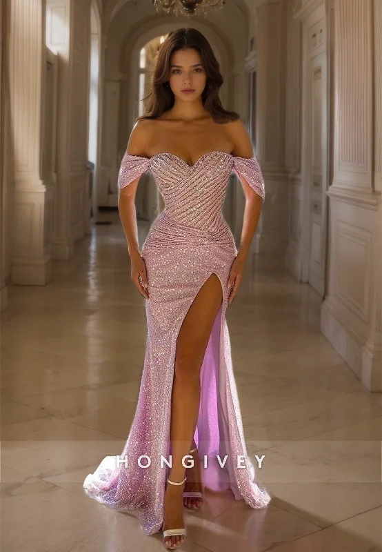 Champagne evening dress-Sparkly Fully Sequined With Train And Slit Party Prom Formal Evening Dress