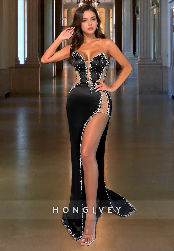 Evening dress with ruching-Sexy Black Beaded Evening Dress with High Slit Sweetheart Sleeveless Long Party Dress