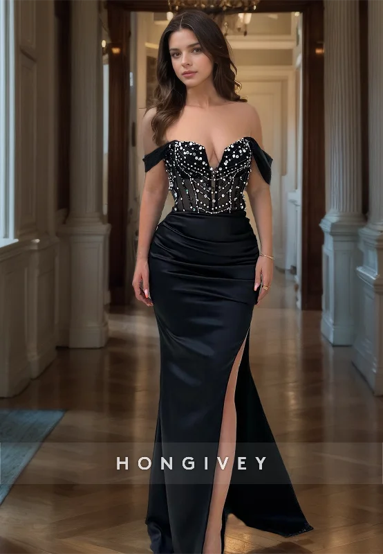 Evening dress with appliqué-Luxurious Beaded Black Mermaid Prom Gown Off-Shoulder Long Party Evening Dress