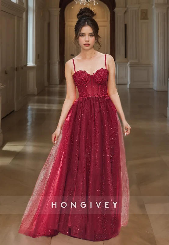 Champagne evening dress-Sweetheart Tulle A-Line Prom Dress Red Empire Straps Long Formal Party Gown