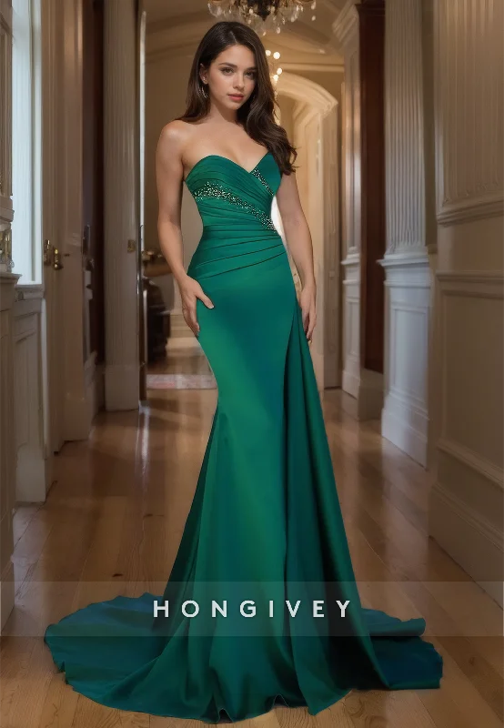 Metallic evening dress-Elegant Strapless Satin Evening Dress Dark Green Formal Party Wear