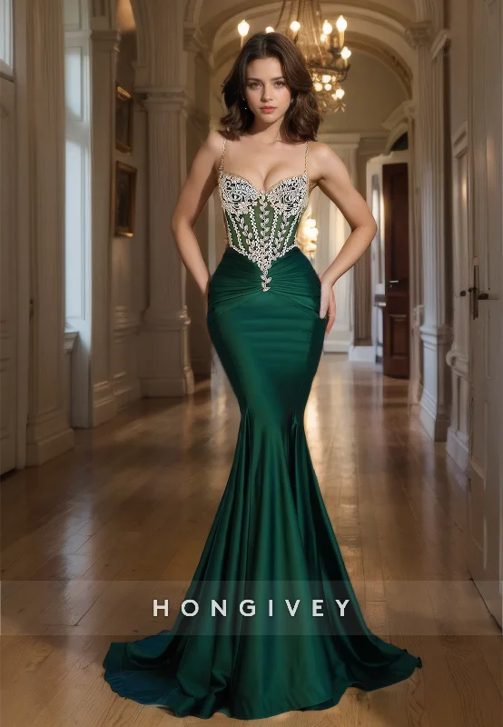 Evening dress with slit-Classy Mermaid Sweetheart Dark Green Prom Gown Floor Length Beads Formal Long Dress with Spaghetti Straps