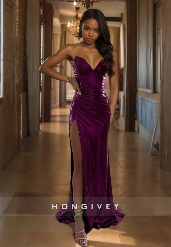 Evening dress with statement sleeves-Purple Sexy Strapless Sheath Evening Dress Floor Length Formal Prom Gown