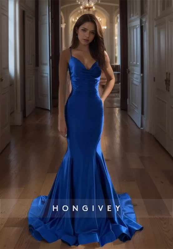 Evening dress with spaghetti straps-Elegant Royal Blue Mermaid Evening Dress Satin Formal Straps with Train Prom Gown