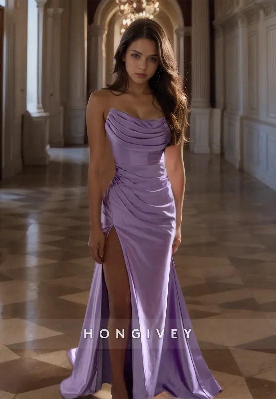 Evening dress with sheer sleeves-Classic Purple Ruched Evening Dress Formal Strapless with Side Slit Party Gown