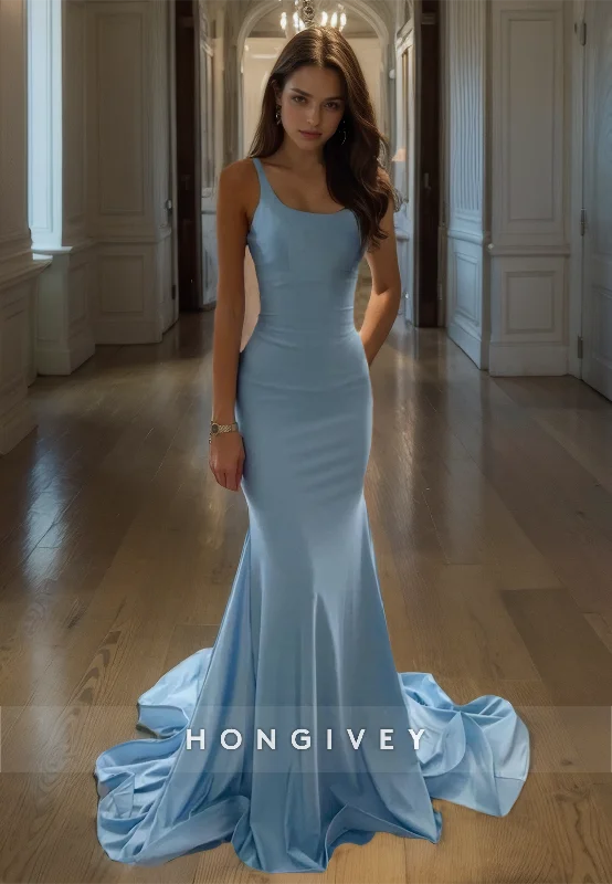 Evening dress with sheer sleeves-Elegant Sky Blue Mermaid Scoop Prom Dresses Floor Length Spaghetti Straps Formal Party Dress